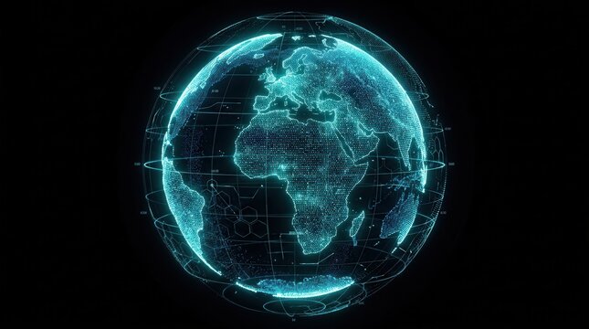 Sci-fi illustration of a holographic earth with teal blue analytics grids.
