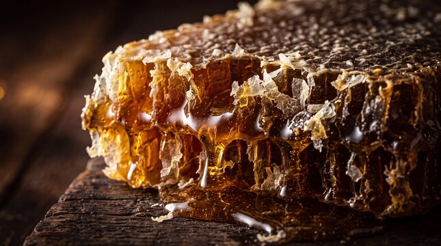 Raw Honeycomb Dripping Fresh Honey on Rustic Wood