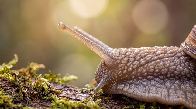 Macro Close-Up of Snail Crawling on Moss