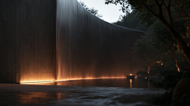 Modern Luxury Waterfall Wall Feature with Warm Evening Lighting