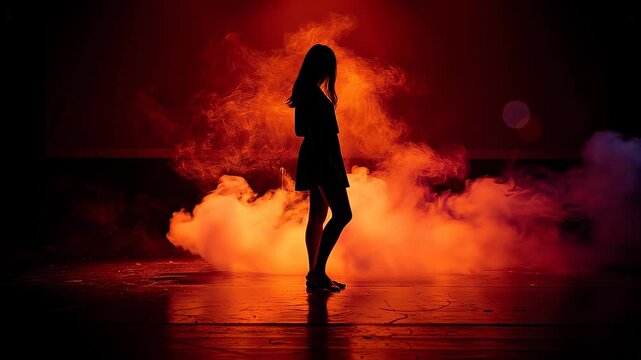 Silhouette of a young woman standing in colorful smoke on a dark stage.