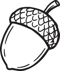 A simple black and white line art drawing of a single oak acorn nut with a textured cap for autumn nature design projects and seasonal icons isolated on transparent background, Vector © Farhan