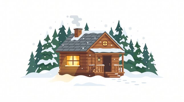 Cozy wooden cabin in a snowy forest with smoke rising from the chimney during winter
