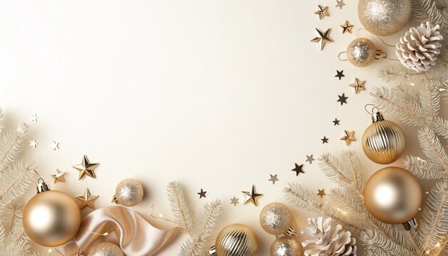 Christmas flat lay, champagne gold baubles, delicate metallic stars,