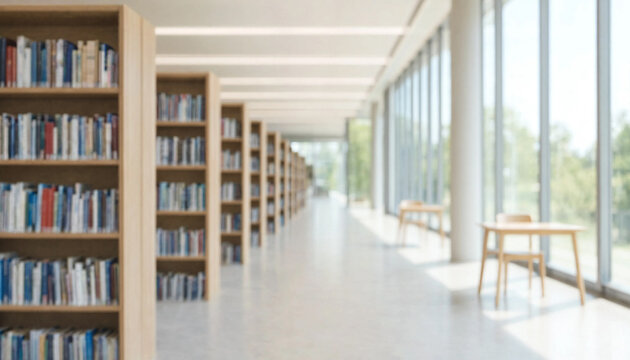 Modern public library interior featuring rows of wooden bookshelves filled with colorful books and large windows