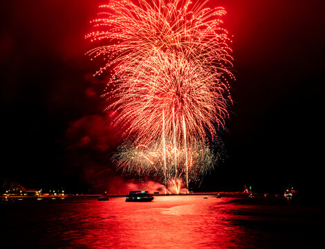 Fireworks From Nemisis Pyrotechnics Over The Water At The Barbican As Part Of The 2026 British Firework Championships Viewed From Queen Anne's Battery, Plymouth