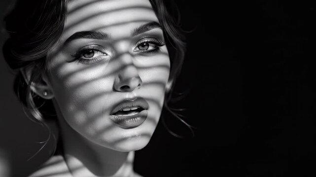 Stunning black and white portrait of a young woman with dramatic light and shadow patterns.