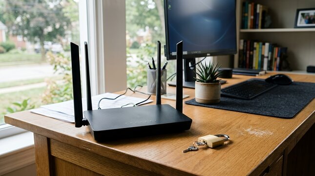 Black wireless router on modern home office wooden desk.