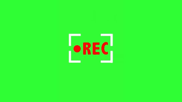 Animated red REC recording indicator inside a camera framing guide on a green screen, designed for video recording overlays, livestreams, filmmaking, tutorials, broadcasts, and chroma key editing.
