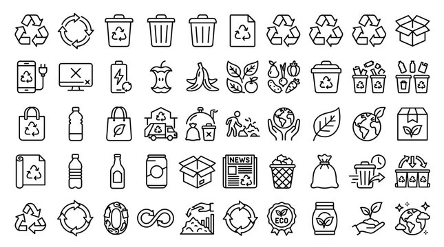 Recycle and Trash Editable Line Icon Set with Recycling Symbols, Waste Bins, Sorting, Reusable Materials, and Environmental Sustainability Signs