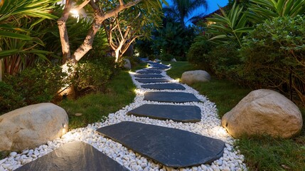 Naklejka premium The Stone Path Through Moonlit Tropical Garden Landscape Oasis Evening