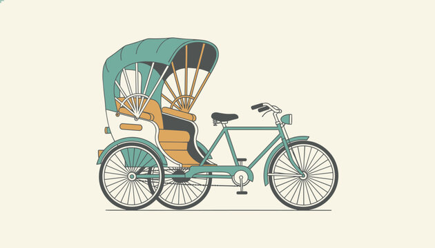 Traditional asian bicycle rickshaw or tricycle passenger taxi decorated in green and yellow shades over a plain background.