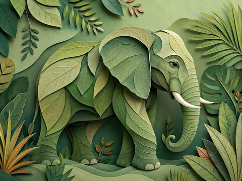 Layered papercut elephant emerging from lush tropical jungle leaves in rich natural shades of green.