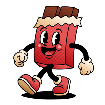 Retro Cartoon Chocolate Bar Mascot Walking Cheerful Character With Gloves And Red Sneakers In Pop Art Style