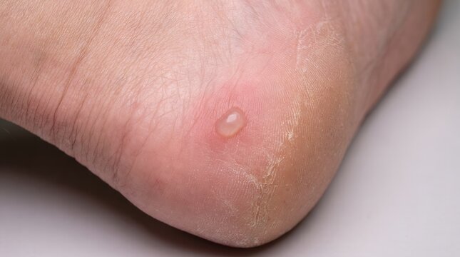 Close up view of skin lesion and blister on the foot showing a raised bump skin condition detail