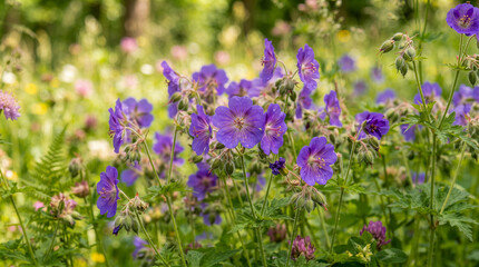 Fototapeta premium Violetas silvestres moradas cubiertas de gotas de rocío matutino floreciendo en un prado verde y soleado.
