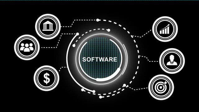 Advanced software development ecosystem infographic featuring digital network nodes, corporate business growth financial analytics, strategic planning, and modern technology connectivity solutions