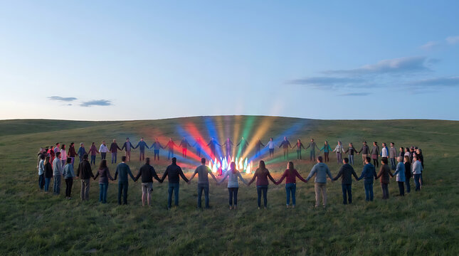 Large group of people holding hands in circle outdoors