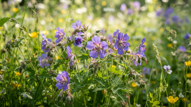 Violetas silvestres moradas cubiertas de gotas de roc&iacute;o matutino floreciendo en un prado verde y soleado.