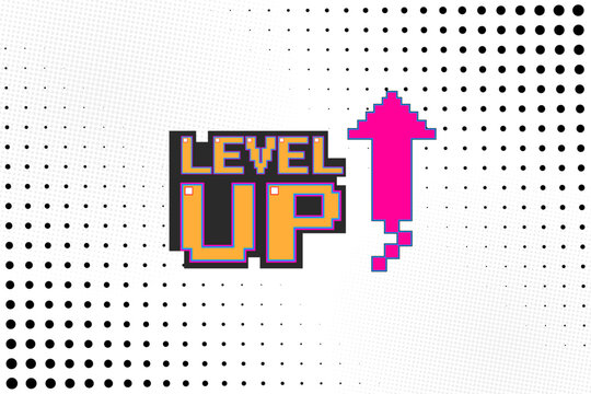 LEVEL UP icon. pixel art. 8 bit retro game. for game assets in vector illustrations on white background.