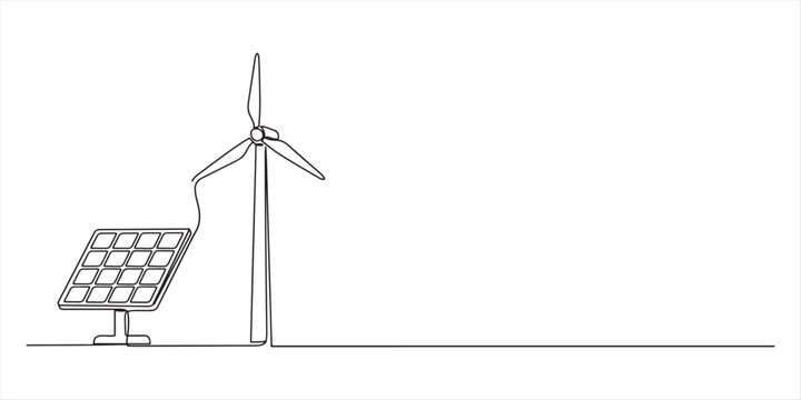 Solar panel and wind turbine mounted on continuous line landscape. Continuous one line drawing of wind turbine and solar panel, renewable energy concept, ecofriendly power generation vector.