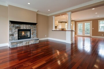 Naklejka premium The Open-Concept Living Room With Stone Fireplace And Polished Hardwood Floors