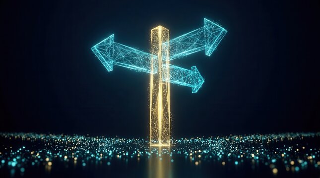 Futuristic digital signpost at a technological crossroads, symbolizing innovation and new pathways.