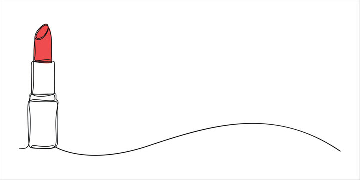 One line continuous lipstick icons. Vector drawing. Hand drawn linear silhouette illustration. Minimal design, make up print, cosmetic banner, card, poster, brochure, beauty logo. Red lipstick 