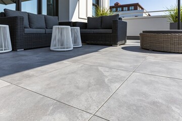Naklejka premium The Rooftop Terrace Seating Area with Modern Wicker Furniture and Cushions