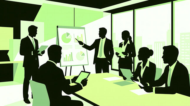 Corporate Business Team Having Presentation and Financial Strategy Meeting in Office Illustration
