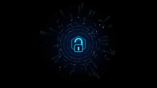Glowing Cyan Unlocked Padlock Cyber Security HUD Loop