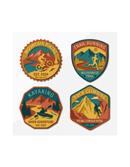 Naklejka premium Vintage Outdoor Adventure Badge Set Featuring Mountain Biking Trail Running Kayaking and Rock Climbing Retro Emblems.