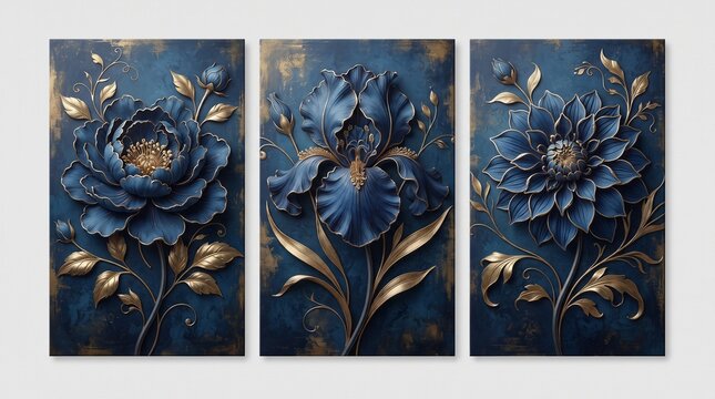 Luxury Blue Floral Triptych with Golden Botanical Accents and Textured Background, 3d floral art, floral wallpaper, textile tile wall art