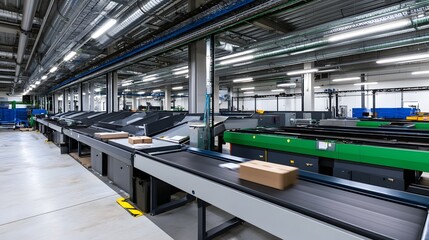 Naklejka premium Modern automated warehouse with conveyor belts transporting cardboard boxes through a clean industrial sorting facility