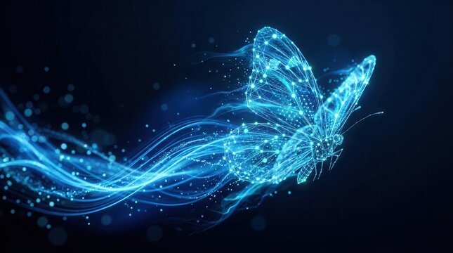 Digital butterfly in flight representing transformation and technology on a dark background.