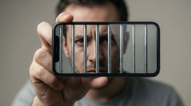 Concept of digital imprisonment and social media addiction through a smartphone screen.