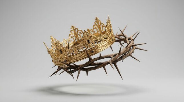 Exquisite detail of a gold royal crown intertwined with a crown of thorns as an emblem of faith.