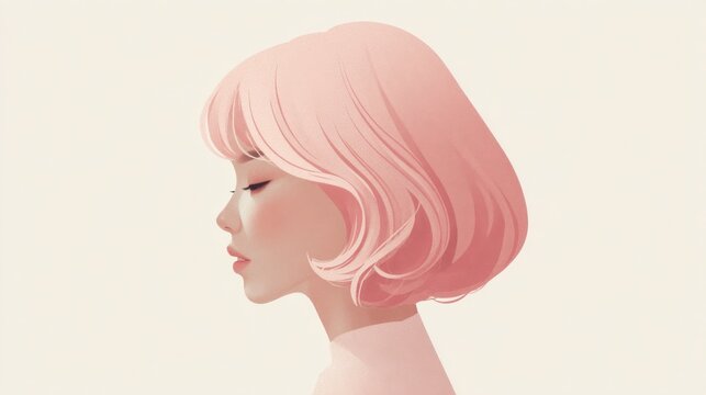 Minimal vector portrait, pastel pink bob, clean curved shapes, flat tones, pure white background