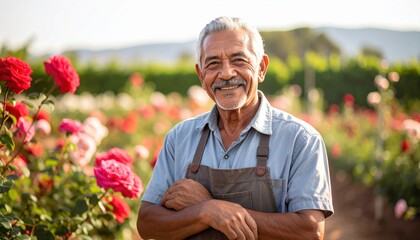 Fototapeta premium Smiling Elderly Gentleman Gardener Standing in a Vibrant Rose Garden with Arms Crossed