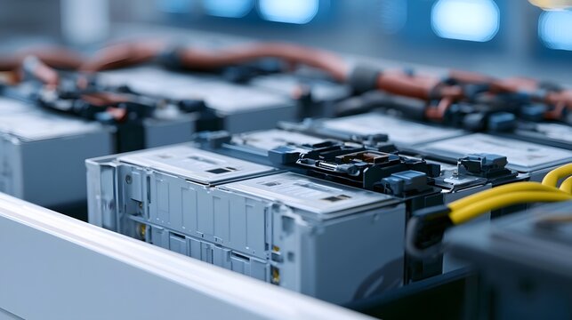 Modern battery cell stack with precise engineering and organized power connections in a clean energy setting