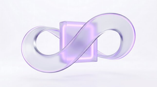 Abstract 3D glassmorphism infinity loop wrapping glowing purple box on white background for modern technology backgrounds