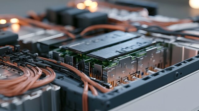 Close up of a solid state battery cell stack with copper and black wiring  showing precise engineering and organized connections