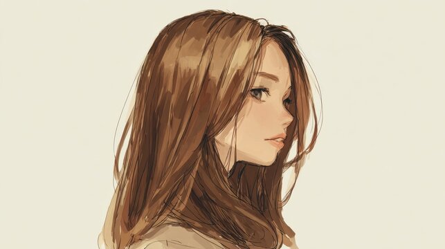 Semi realistic anime portrait, long straight hair visible only near shoulders, soft brown shade, smooth shading, white minimal background