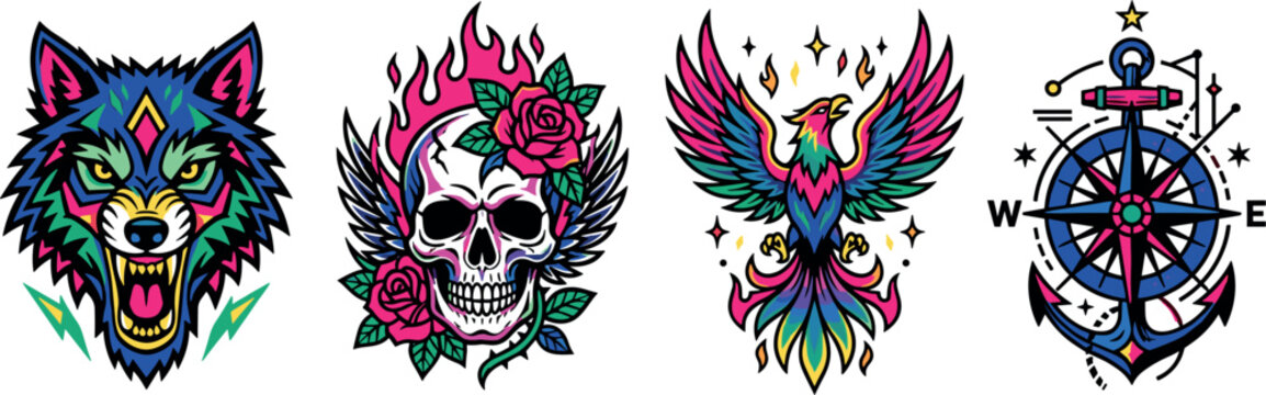 Old School Tattoo Vector Icon Set with Colorful Neo Traditional Designs Featuring Wolf Head Human Skull Phoenix Bird and Nautical Anchor Compass Symbols