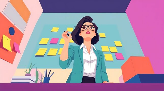 Low angle perspective illustration in modern flat design of a businesswoman brainstorming with sticky notes on a wall, featuring a colorful office setup, modern desk