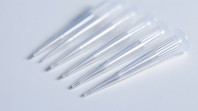 Clear plastic micropipette tips arranged diagonally on a light surface with soft shadows and smooth texture
