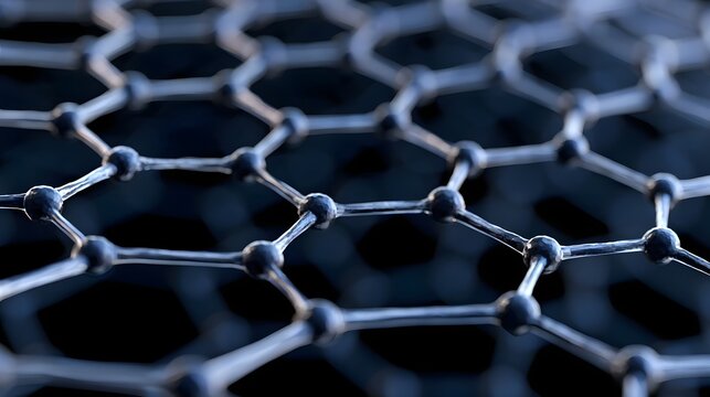Close up view of a hexagonal lattice structure with interconnected nodes and metallic sheen under focused lighting