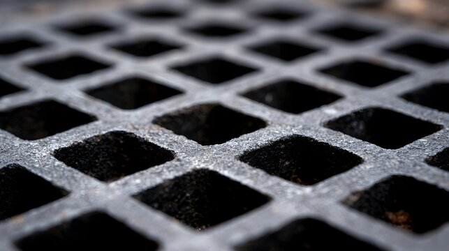 Close up of a metal grate with square openings  showing textured surface and shallow depth of field