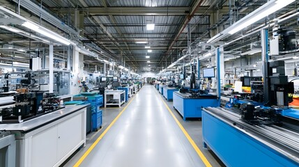 Obraz premium Long industrial factory aisle with blue workstations overhead lighting and automated hinery for precision manufacturing