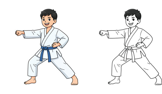 Young Boy in Karate Uniform Performing a Punch, Martial Arts Illustration and Coloring Page for Kids, Sports Activity Vector Set